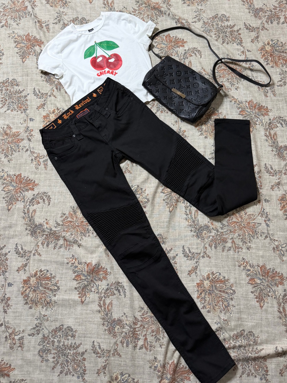 Rock Revival black skinny Jeans and she in White Tee with Red Cherry Graphic - Picture 3 of 7